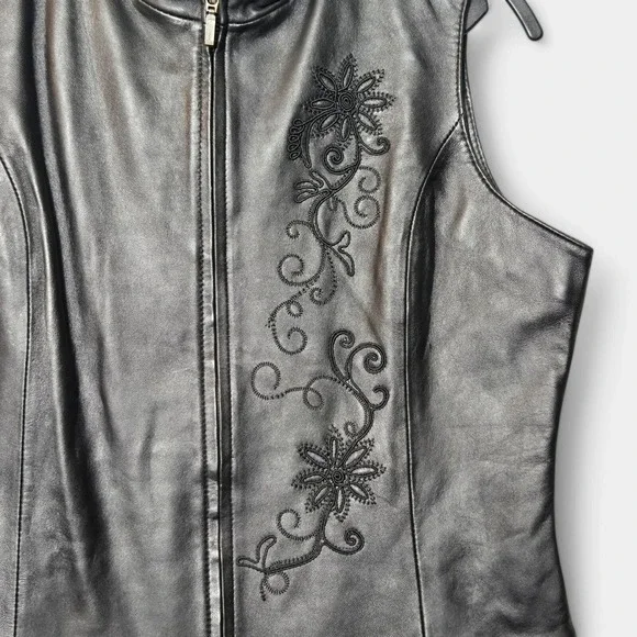 Coldwater Creek Leather Floral Embroidered Zip Up Vest Black M Western Biker NWT - Picture 2 of 7